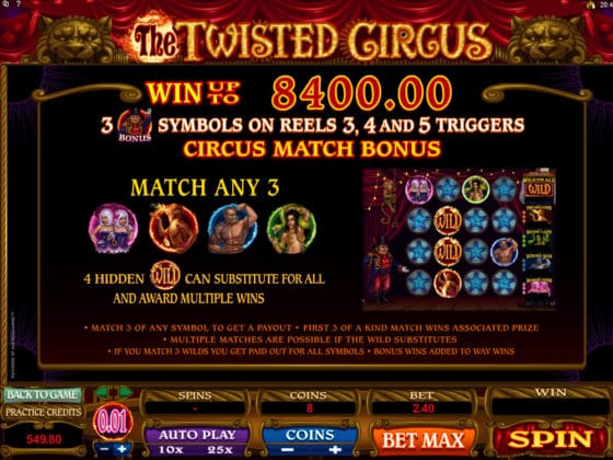 The Twisted Circus Online Slot Pay Table
